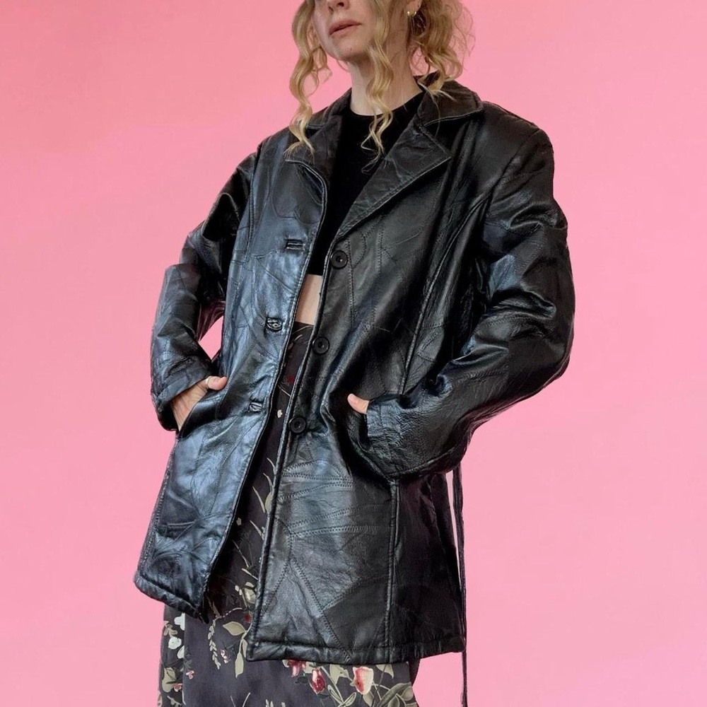 Black Patchwork 90s Leather Jacket - image 3